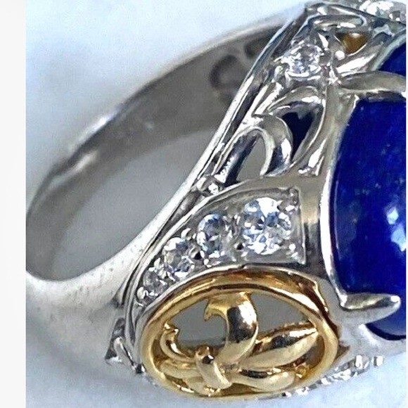 925 Sterling Silver Lapis Lazuli & White Topaz Fleur De Lis Boutique Ring 8.5 - Picture 6 of 12